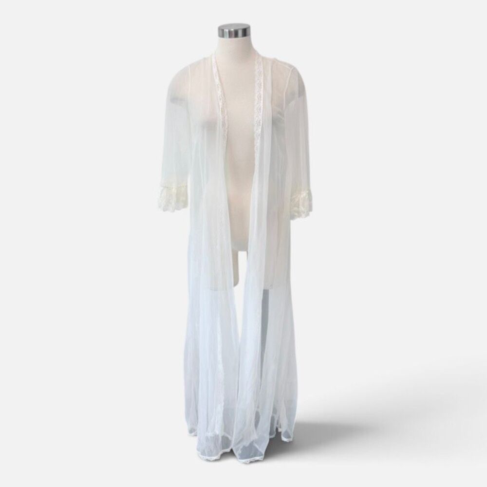 Vintage 1970s Peignoir White Robe Sheer Lace Slip Dress Nightgown Small
